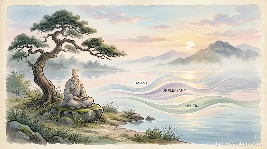 Peaceful meditation scene with subtle waves representing the arising and passing of pleasant, unpleasant, and neutral feelings