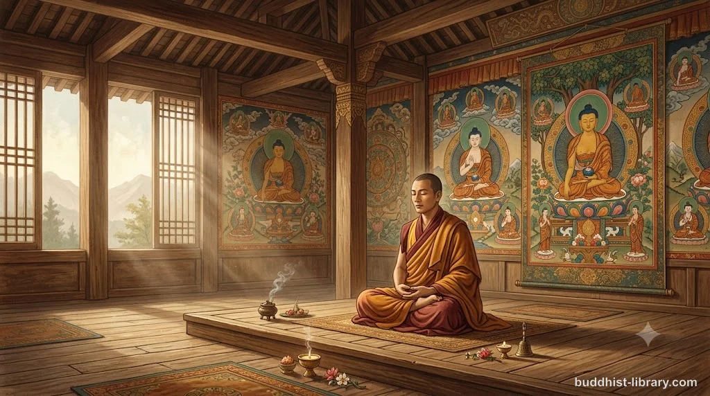 Serene meditation hall with soft natural light, symbolizing clarity and insight in vipassanā practice