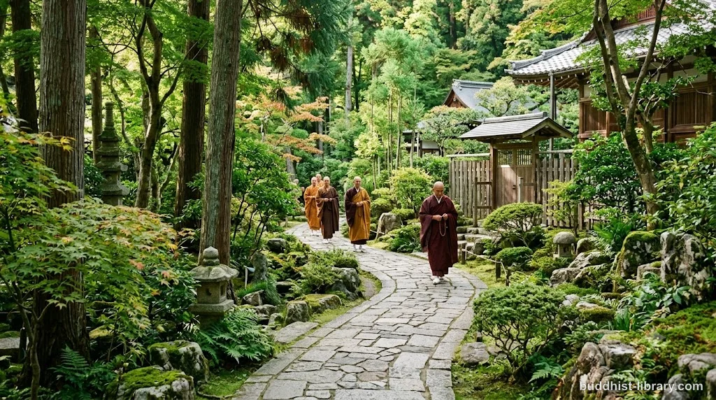 Serene monastery path surrounded by trees, ideal for walking meditation practice