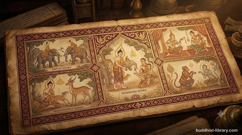 Ancient illuminated manuscript depicting the Buddha's past lives, traditional Buddhist art style with golden accents