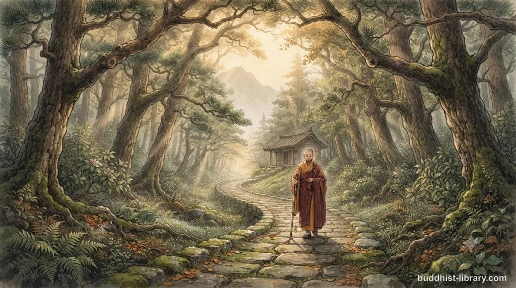 Serene path through ancient forest symbolizing heedful awareness and diligence in Buddhist practice