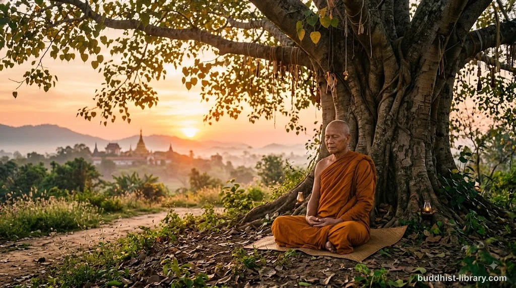 Serene Buddhist monk in deep meditation under a bodhi tree at dawn, symbolizing the attainment of Arahatship