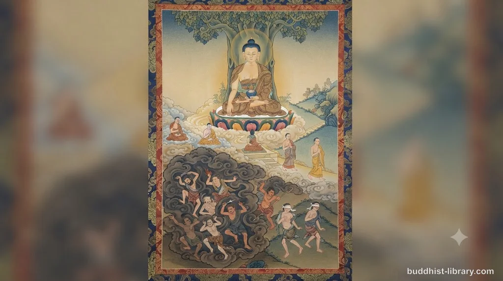 A person standing at a crossroads in fog, representing the confusion of ignorance in Buddhism