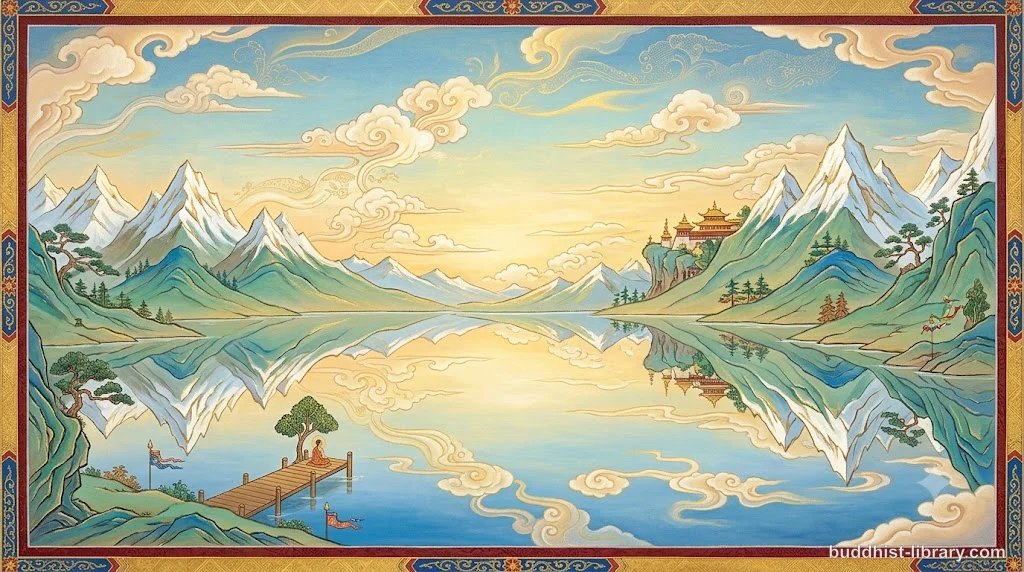 Serene lake reflecting sky symbolizing the clear knowing quality of citta in Buddhist philosophy