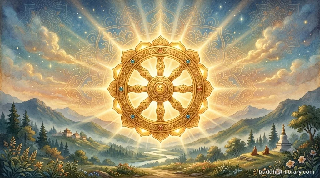 Traditional spiritual art depicting the wheel of Dhamma representing both teaching and natural law