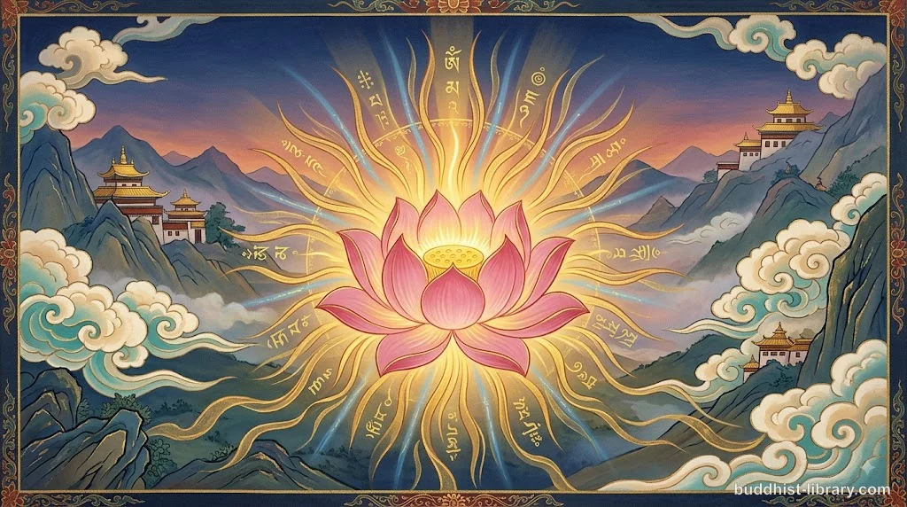 Luminous lotus flower opening to reveal inner light, symbolizing the awakening of wisdom in Buddhist practice