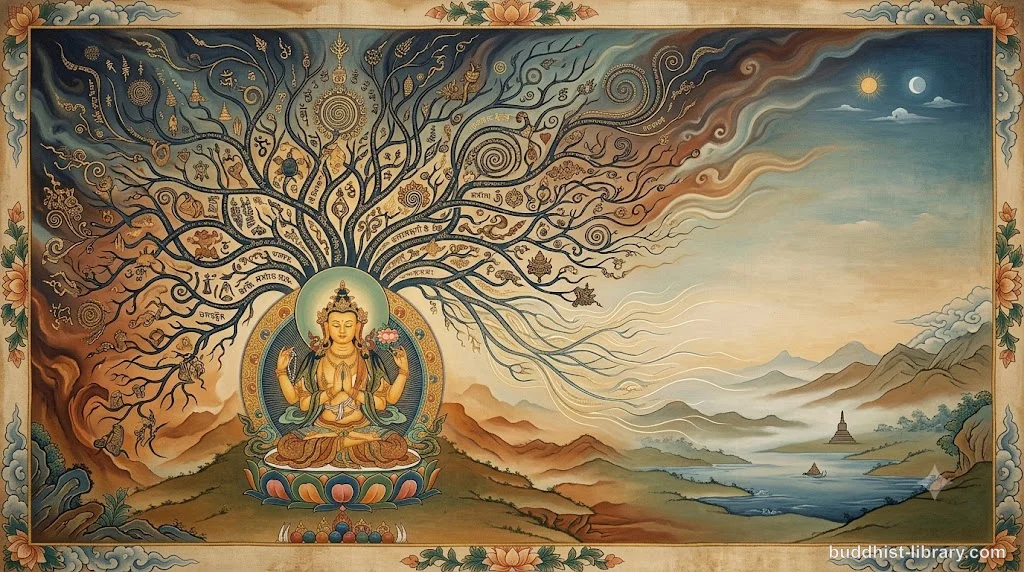 Abstract representation of mental proliferation with branching thought patterns dissolving into stillness