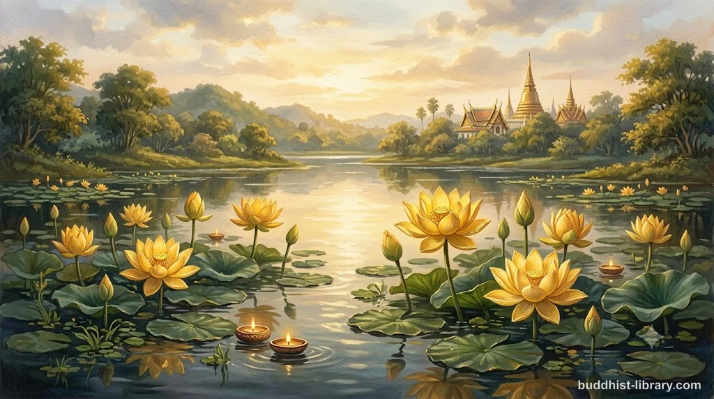 Golden lotus flowers blooming in serene water, symbolizing the accumulation of merit through wholesome actions