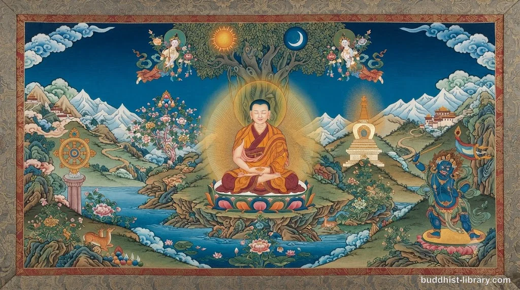 Traditional Buddhist art depicting a peaceful meditator surrounded by symbols of trust and inner light, representing saddhā as verified confidence on the spiritual path