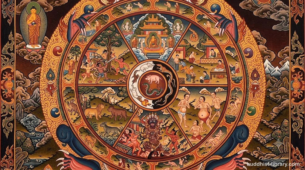Ancient Buddhist wheel of life symbol depicting the six realms of samsara in traditional spiritual art style