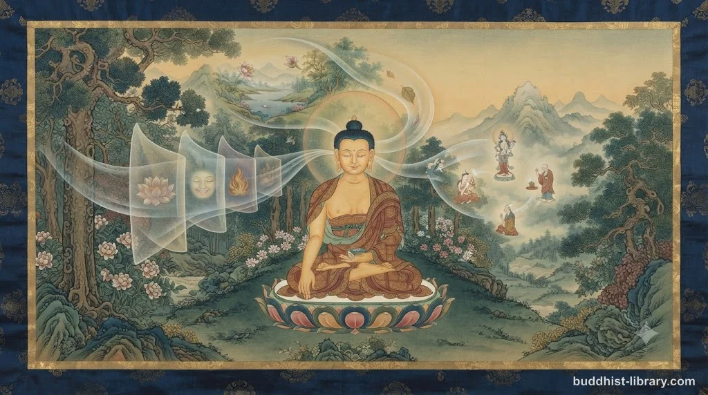 Abstract representation of Buddhist concept of perception showing layers of recognition and interpretation in traditional spiritual art style