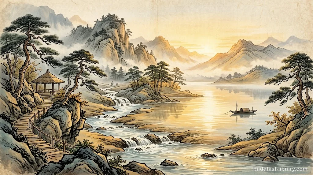 A clear flowing stream entering calm waters, symbolizing the irreversible entry into the path of awakening