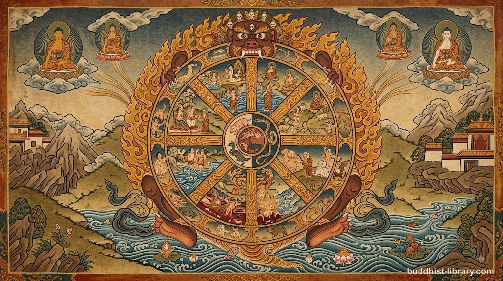 Ancient wheel symbol representing the cycle of craving and suffering in Buddhist teaching, traditional spiritual art