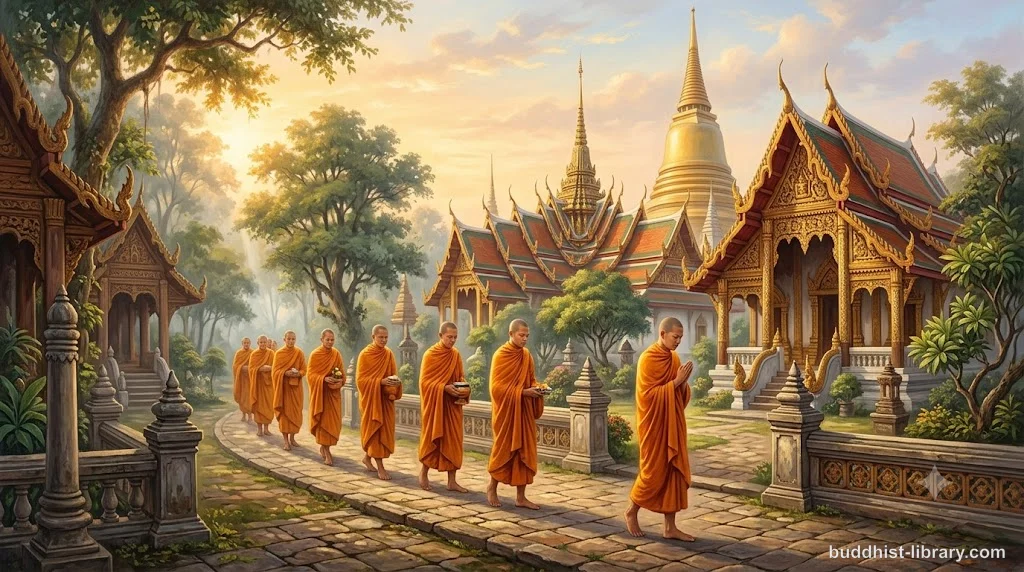 Buddhist monks in saffron robes walking in meditation, traditional spiritual art