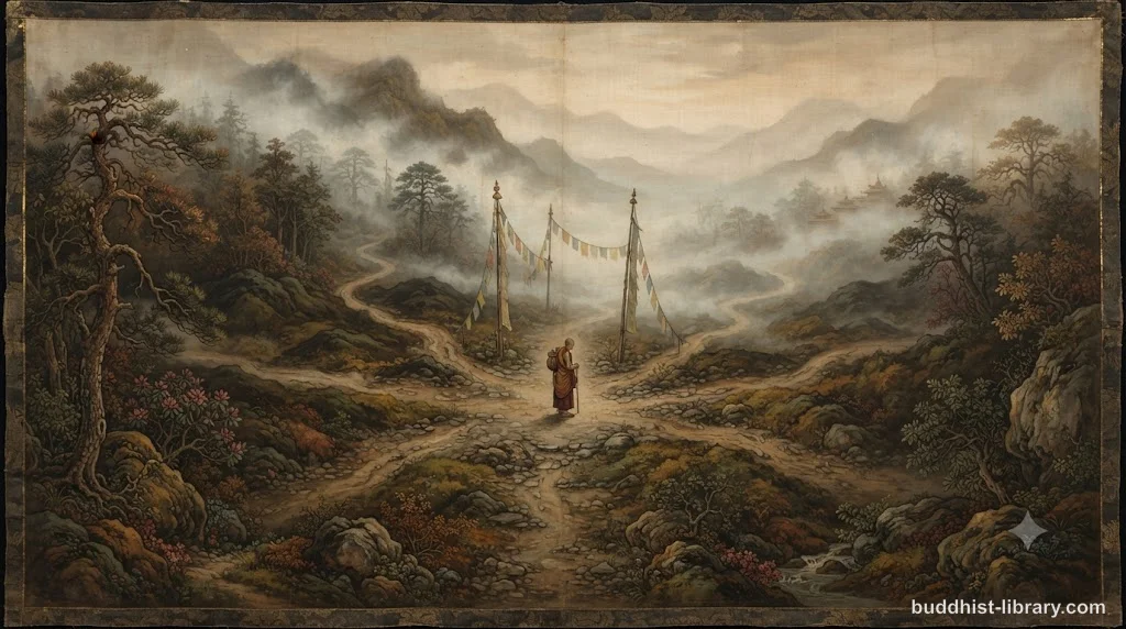 A crossroads in mist symbolizing the paralysis of spiritual doubt in Buddhism