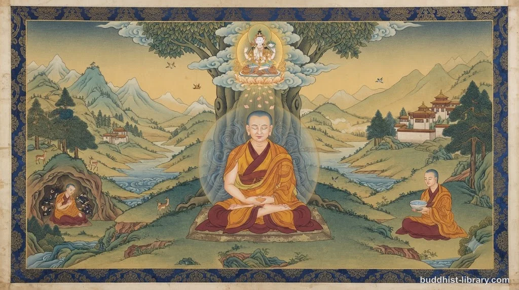 Serene meditator sitting calmly with gentle awareness, representing skillful relationship with physical sensations