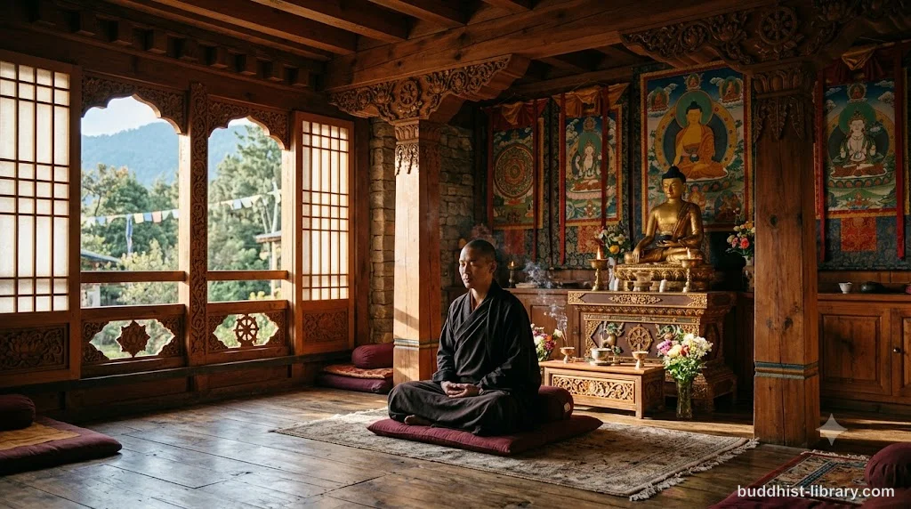 Serene meditation space with soft natural light filtering through traditional Buddhist architecture, symbolizing clarity and wise attention in practice