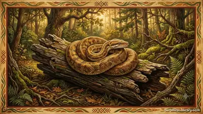 A snake coiled on weathered wood, symbolizing the danger of mishandling the Dharma—traditional Buddhist art style