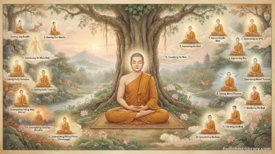 Serene Buddhist meditation hall with soft golden light illuminating a cushion, depicting the systematic practice of mindfulness of breathing