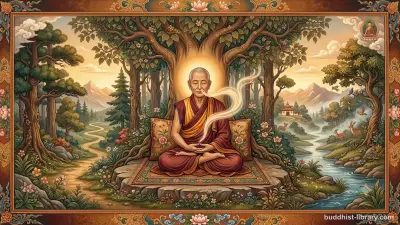 Serene meditation scene with breath visualization in traditional Buddhist art style