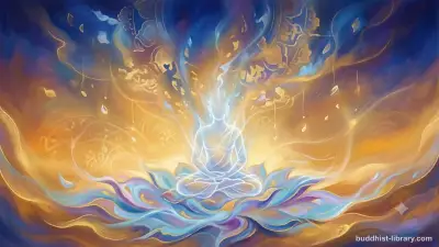Abstract meditation scene showing dissolving mental forms and boundless awareness in traditional spiritual art style