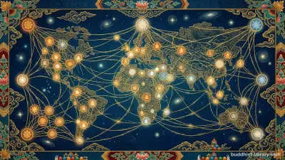 A vast philosophical net spanning across the cosmos, representing the 62 views in the Brahmajāla Sutta