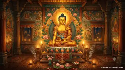 Golden Buddha statue in peaceful meditation surrounded by warm light representing the practice of Buddhānussati recollection