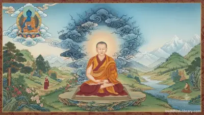 Peaceful meditation scene showing calm mind amidst turbulent thoughts, traditional spiritual art style, serene and contemplative atmosphere