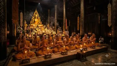 Buddhist monks chanting paritta in a dimly lit temple hall with candles, traditional spiritual atmosphere