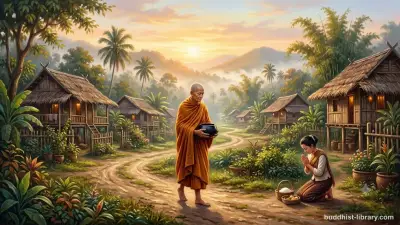 Buddhist monk walking on morning alms round at dawn, traditional spiritual art depicting daily monastic routine