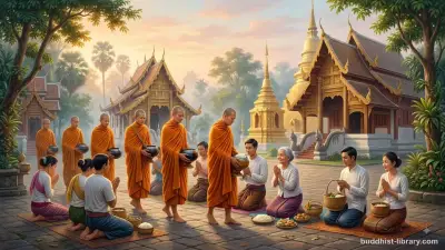 Traditional Buddhist offering scene showing monks receiving alms with devotion and gratitude