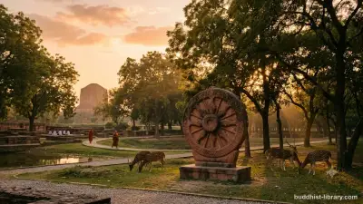 Ancient Buddhist wheel symbol at Deer Park Sarnath, depicting the setting of the Buddha's first sermon
