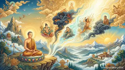 Five meditation obstacles dissolving into clear light, traditional Buddhist art, 16:9, peaceful atmosphere