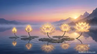 Five lotus flowers opening in sequence representing the five spiritual faculties of Buddhism