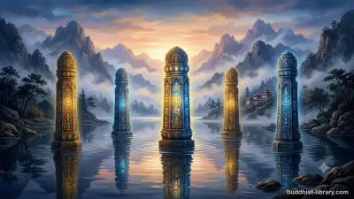 Five pillars of spiritual strength rising from still waters, representing the Buddhist powers of faith, energy, mindfulness, concentration, and wisdom