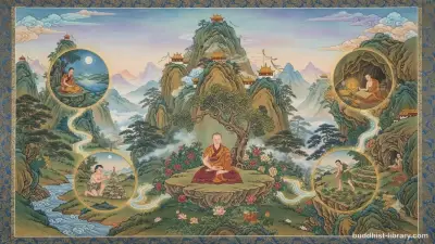 Four ascending pillars glowing with inner light against a serene mountain backdrop, representing the four bases of spiritual power