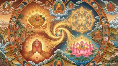 Traditional Buddhist art depicting the cycle of existence sustained by four types of nutriment, 16:9 aspect ratio