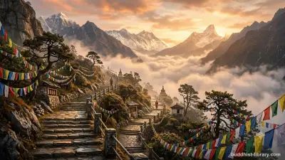 Traditional spiritual art depicting ascending steps on a mountain path, symbolizing the gradual training in Buddhism