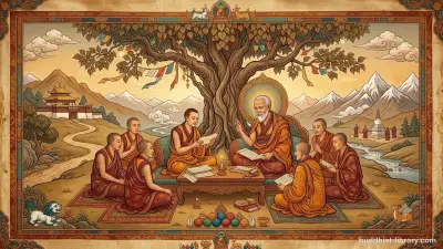 Ancient scroll surrounded by thoughtful seekers in discussion, representing the Kalama Sutta's emphasis on independent inquiry