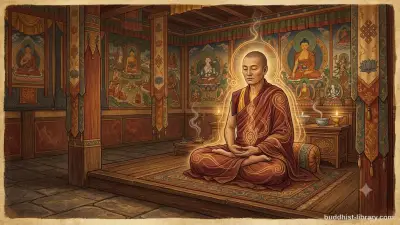 Serene meditator in lotus position with subtle body energy visualization, warm earth tones, traditional Buddhist art style