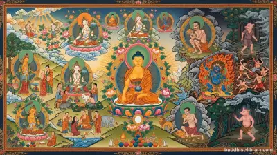 Traditional Buddhist art depicting the balance between wholesome and unwholesome mental states, with clear light and shadow symbolism