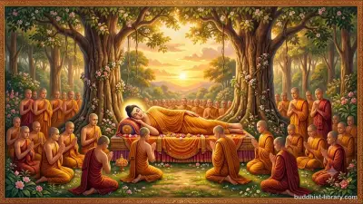 Traditional Buddhist art depicting the Buddha's final teaching and passing into Parinibbāna, with disciples gathered in reverence