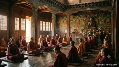 Ancient meditation hall with mindful practitioners in traditional spiritual art style