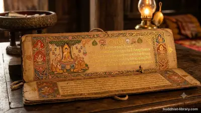 Traditional Buddhist manuscript with golden illuminations depicting blessings and virtuous conduct