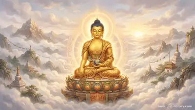 Golden Buddha statue radiating warm light in serene meditation surrounded by soft clouds and gentle atmosphere