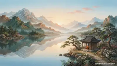Serene mountain lake at dawn symbolizing the cessation of suffering and peace in Buddhism