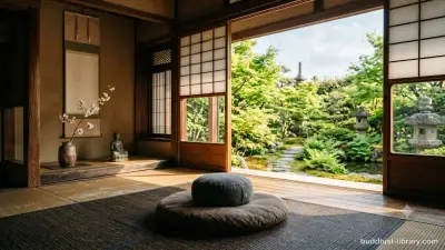 Peaceful meditation space with cushion in natural light, traditional Buddhist setting