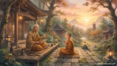 A young monk learning from an elder teacher in a peaceful forest monastery, traditional Buddhist art style, 16:9