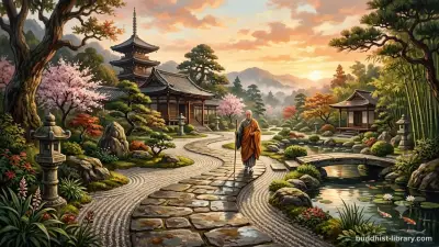 Peaceful Buddhist meditation garden with stone path symbolizing ethical conduct and right action