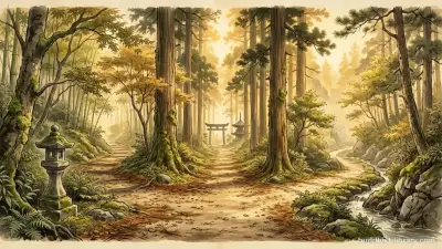 Serene forest path splitting into three clear directions under golden light, symbolizing the three aspects of Right Intention